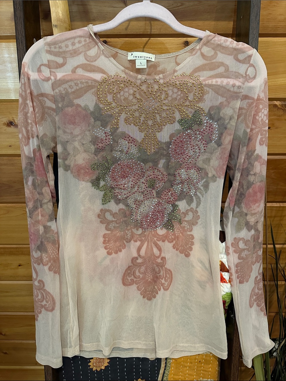Forever 21 Blush Pink Floral Long-Sleeve Mesh Top with Rhinestones